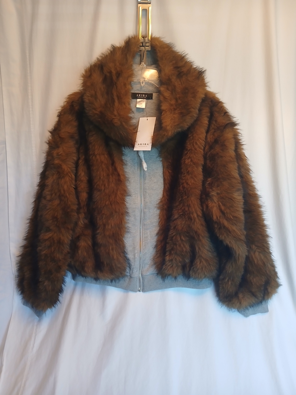 Brown Faux Fur & Gray Knit Reversible Zip Front Hoodie Jacket New! Akira